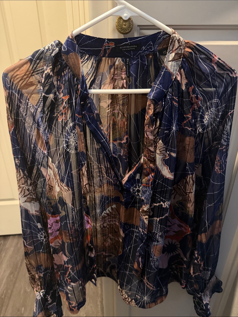 Scotch & Soda Navy Multi-Color Sheer Floral Tie-Neck Blouse